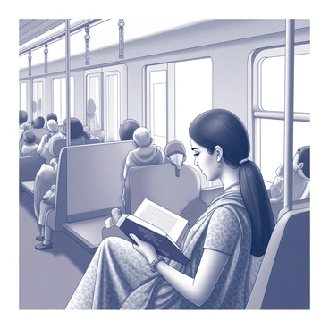 An Indian woman is seated on a crowded city train, engrossed in a book. She has long, dark hair tied back in a neat bun. The train car is filled with various commuters, some standing while others are seated. The woman is wearing a traditional attire, which features intricate patterns. She holds the book in her lap, occasionally glancing up to observe her surroundings. The interior of the train is filled with metal poles, and there are people of different ages and backgrounds surrounding her, each engaged in their own activities. "Reading" is visible on the cover of her book.