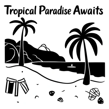 A vintage travel poster featuring an idyllic tropical island. In the foreground, there are palm trees with large fronds swaying gently. The sandy beach is dotted with seashells and a few beach towels. In the background, there are rolling hills covered in dense greenery, leading up to a mountain peak. A calm ocean with gentle waves laps at the shore, while a sailboat is seen in the distance. The words “Tropical Paradise Awaits” are displayed prominently at the top of the poster.