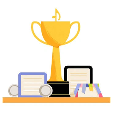 A shiny music award trophy with a gleaming gold finish is prominently displayed on a wooden shelf. The trophy has a tall, elegant design with a musical note motif at the top. Surrounding the trophy are various other accolades, including a silver medal and a framed certificate with a colorful ribbon. The shelf is neatly organized, showcasing the achievements in a visually appealing arrangement.