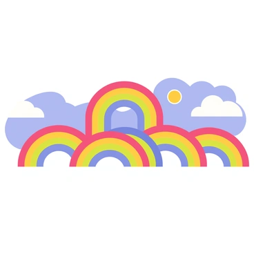 A sky filled with eight rainbows, each arched gracefully across the horizon. Seven of the rainbows are bright and vivid, showcasing a spectrum of colors including red, orange, yellow, green, blue, indigo, and violet. The eighth rainbow, while present, is more subtle and slightly faded compared to the others. The scene is set against a backdrop of soft, fluffy white clouds that add depth to the sky. The vibrant hues of the rainbows contrast beautifully with the blue of the sky, creating a harmonious visual that clearly represents the fraction "8/7".