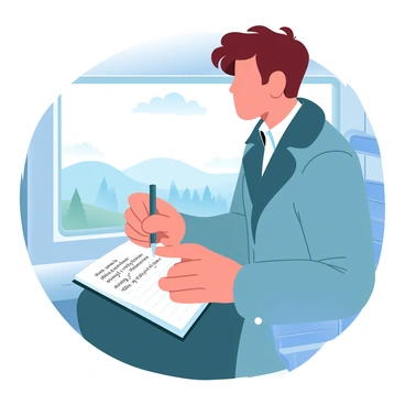 A young man with tousled hair is sitting by a window in an old train. He is dressed in a vintage style, wearing a long coat and holding a notebook open on his lap. His pen is poised above the pages, as he scribbles poetry with focused intent. The train's interior features worn wooden benches and vintage details that evoke a sense of nostalgia. Outside the window, the landscape is a blur of rolling hills and distant trees, creating a contrast with the warm, inviting tones inside the train. A soft light filters through the window, casting gentle shadows on the man and the notebook.