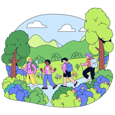 A group of adventurers is hiking through a lush green valley filled with vibrant trees and dense shrubbery. The adventurers are wearing colorful outdoor gear, carrying backpacks and walking sticks. Sunlight filters through the leaves, casting playful shadows on the ground. Various plants and flowers bloom around them, showcasing a rich variety of colors. In the distance, gentle hills rise, enhancing the sense of depth in the valley. The scene conveys a feeling of exploration and connection with nature.