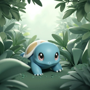 A rare Squirtle, with its distinctive blue shell and large, expressive eyes, is partially hidden among lush green leaves in a dense forest. The sunlight filters through the canopy above, creating dappled light patterns on the ground. Various shades of green dominate the scene, with ferns and smaller plants surrounding the Squirtle. The Squirtle's shell reflects some of the light, making it glisten subtly in contrast with the vibrant greenery.