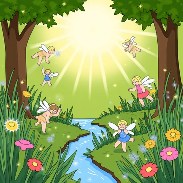 A vibrant hollow surrounded by tall, lush green grass and colorful wildflowers. Tiny pixies with delicate, translucent wings are fluttering about, each with unique features such as bright hair and shimmering outfits. Some pixies are playfully darting between the flowers, while others are hovering near a small sparkling stream that runs through the hollow. The sunlight filters through the canopy of leaves overhead, casting a warm glow on the scene. Tiny glowing orbs of light float around the pixies, enhancing the enchanting atmosphere.