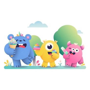 A group of three cute monsters is gathered in a vibrant park, enjoying ice cream. The first monster is bright blue with round fluffy ears and is holding a large cone topped with rainbow sprinkles. The second monster is a cheerful yellow with big, googly eyes and is sharing a bowl of ice cream with swirls of different colors. The third monster is a playful pink with small horns and is giggling while holding a popsicle. In the background, there are green trees and colorful flowers, and a soft blue sky is visible above. The scene reflects a joyful atmosphere filled with laughter and fun.
