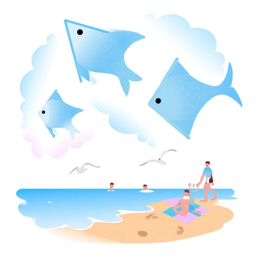 Kites shaped like flounders are soaring high in a clear blue sky above a sandy beach. Each kite features a detailed design, showcasing the unique shape and coloring of flounders with intricate patterns. The beach is dotted with colorful beach umbrellas and towels, with a few people in the distance enjoying the bright day. Gentle waves lap at the shore, creating a serene atmosphere, while a few seagulls glide nearby.