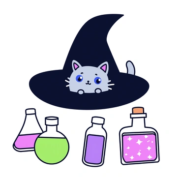 A small gray kitten with bright blue eyes is peeking out from inside a large black witch's hat. The hat has a wide brim that casts a slight shadow over the kitten's face. Surrounding the hat are several potion bottles in various shapes and sizes. One bottle is round with a bright green liquid, another is tall and narrow with a purple liquid, and a small square bottle contains a sparkling red potion. The background is simple, focusing the attention on the kitten and the potion bottles.