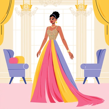 A model standing confidently in a grand room, showcasing an extravagant haute couture gown. The gown features intricate beading and flowing layers of fabric in vibrant colors. The model's hair is styled in an elegant updo, complementing the luxurious look. Surrounding the model are ornate decorations, with plush furnishings and a sparkling chandelier above, creating an atmosphere of sophistication and glamour. Soft lighting highlights the details of the gown, making it the focal point of the scene.