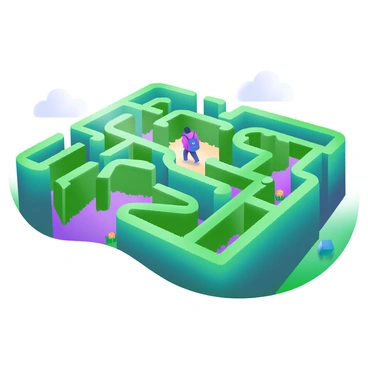 An intricate hedge maze viewed from above, showcasing tall, lush green hedges forming complex pathways. At the center of the maze is a lone traveler, depicted as a small figure wearing a red jacket and carrying a backpack. The paths of the maze are winding and interspersed with small patches of colorful flowers. Sunlight casts gentle shadows across the maze, highlighting the twists and turns of the greenery. The overall scene conveys a sense of exploration and adventure.