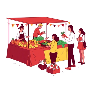 A red farmers' market stall is filled with an array of colorful fruits, including oranges, apples, and bananas. Nearby, there is a yellow stall showcasing vibrant green vegetables like lettuce and cucumbers. Happy shoppers are interacting with vendors, one shopper is reaching out to select a bunch of fresh carrots while another is examining a basket of ripe strawberries. The scene is lively with shoppers carrying reusable bags filled with produce, and colorful banners hanging overhead. The atmosphere is filled with energy as people enjoy their time at the market.