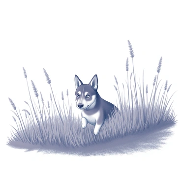 A dog is cautiously peeking above tall, rustling grass in a wide field. Its ears are perked up and its eyes are focused intently on something in the distance. The grass around the dog is swaying gently in the breeze. The field extends outwards, dotted with patches of wildflowers and an assortment of tall grass blades, creating a natural landscape. The atmosphere conveys a sense of curiosity and alertness as the dog surveys its surroundings.