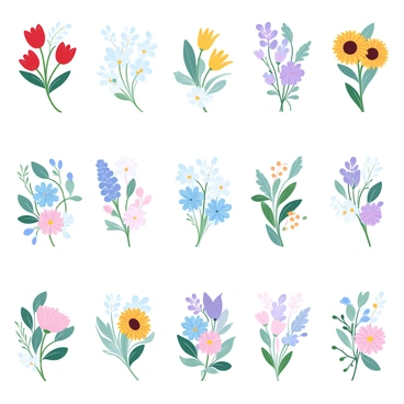 A calendar page is displayed with twelve sections, each representing a different month. Each section features a vibrant bouquet of seasonal flowers arranged artistically. In January, delicate snowdrops and winter jasmine are included. February showcases red tulips and white daffodils. March features cheerful yellow daffodils and purple crocuses. April highlights blooming cherry blossoms and vibrant tulips. May presents fragrant lilacs and peonies. June includes bright sunflowers and daisies. July shows colorful zinnias and marigolds. August features stunning dahlias and cosmos. September represents soft asters and goldenrod. October presents striking chrysanthemums and autumn leaves. November showcases elegant anemones and seasonal greenery. December features festive poinsettias and holly. Each bouquet is intricately detailed, showcasing the unique colors and textures of the flowers for each month.