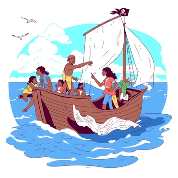 A diverse pirate crew is sailing on a large wooden ship with billowing sails. The ship is cutting through the waves of the ocean under a bright sun. On the deck, there are pirates of different ethnicities working together. A tall man with dark skin is at the helm, confidently steering the ship with a determined expression. Nearby, a woman with a light brown complexion is unfurling a large map, pointing out the course to a group of eager crewmates. 

Another crew member, with long black hair and a bandana, is climbing the rigging, securing the sails with nimble movements. A stout figure with short curly hair is leaning over the side of the ship, looking into the water with excitement. In the background, the ocean stretches out endlessly, with seagulls flying overhead and a distant island visible on the horizon. The atmosphere is filled with adventure and camaraderie as the crew navigates the high seas.