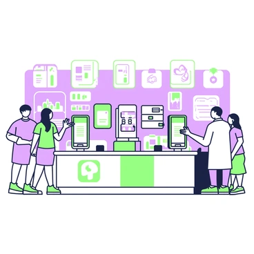 A futuristic pharmacy using advanced technology like digital displays and kiosks