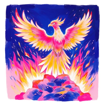A majestic phoenix is rising from intense flames. Its feathers are vibrant with glowing shades of red, orange, and gold, creating the illusion of fire itself. The wings are spread wide, showcasing intricate feather details, and the bird's eyes are bright and piercing. Surrounding the phoenix, the flames flicker and dance, casting warm illumination on the scene. The background features a soft gradient from deep black to glowing embers, enhancing the phoenix's radiant presence.