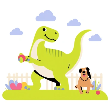 A T-Rex with green scales and a cheerful expression is standing in a sunny backyard. In its tiny arms, it holds a bright red ball. A small brown dog with floppy ears is eagerly running towards the T-Rex, tongue out, ready to fetch the ball. The grassy yard is dotted with colorful flowers and a white picket fence can be seen in the background. A few fluffy clouds float in the blue sky above, enhancing the cheerful atmosphere of the scene.