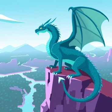 An ancient dragon with emerald green scales and glistening golden eyes is perched majestically atop a rugged mountain peak. Its massive wings are folded against its sides, showcasing intricate patterns, while its long, spiked tail hangs down the rocky ledge. Below, a sprawling landscape unfolds, filled with dense forests and winding rivers that reflect the sunlight. The sky is clear blue, with a few wispy clouds drifting by. The dragon's sharp claws grip the rocky surface, and its fierce gaze surveys the vast territory that stretches out beneath it.