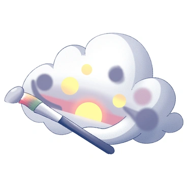 A fluffy cloud with a rounded, soft appearance is gently hovering in the sky. The cloud is holding a paintbrush with its edges curling around the handle. It is in the process of creating a sunset scene, with strokes of colors being applied in various sections of the sky. The sunset features vibrant hues blending together, showcasing large circular patterns that suggest the sun sinking towards the horizon. The overall image captures the dynamic interaction between the cloud and its surroundings as it paints the sky.