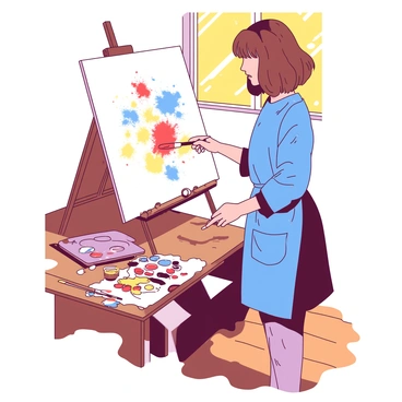 An individual with shoulder-length brown hair is standing in a sunlit room, focused on painting on a large white canvas. The person is wearing a blue smock, splattered with various colors of paint. Light streams in through a window, illuminating the vibrant colors on the canvas. Surrounding the individual on a wooden table are various art supplies, including tubes of paint in red and yellow, paintbrushes of different sizes, and a palette with a mixture of colors. The wooden floor reflects the warm sunlight, creating a cozy atmosphere in the room.
