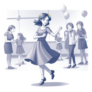 A school girl is dancing joyfully at a school dance. She is wearing a beautiful dress that flows elegantly as she moves. Her hair is styled nicely, and there are several colorful decorations in her hair. The atmosphere is lively, with other students in the background also enjoying the dance. The school's gymnasium is decorated with balloons and streamers, adding to the festive environment.