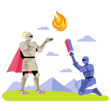 Two armored knights standing on a grassy battlefield, their intricate armor shining under a bright sky. One knight, with a crimson cape flowing behind him, is casting a vibrant orange and yellow fireball from his outstretched hand. The fireball is depicted as a swirling orb of flames, illuminating the area around him. The other knight, wearing blue armor, is crouching defensively while raising a shield to block the incoming attack. In the background, distant mountains and a few scattered clouds can be seen, adding depth to the scene.