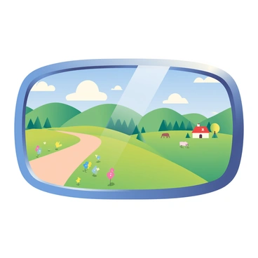 A side mirror of a car is prominently displayed in the foreground. In the reflection of the mirror, a picturesque countryside landscape is visible. The landscape features rolling green hills under a clear blue sky with fluffy white clouds. A winding dirt road cuts through the fields, bordered by wildflowers in various colors. In the distance, a small farmhouse with a red roof is nestled among the trees, and a few grazing cows can be seen in the meadow. The mirror's frame is shiny and silver, contrasting with the vivid colors of the countryside.