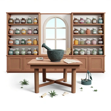 An apothecary shop filled with wooden shelves lined with various glass jars, each containing colorful dried herbs and spices. The jars are labeled in elegant script, showcasing their contents. In the center, a sturdy wooden table holds a large, intricately carved mortar and pestle, both made of dark stone. Scattered around the table are small sprigs of fresh herbs, a scale, and parchment with handwritten notes. The soft light from a window casts gentle shadows, enhancing the warm, inviting atmosphere of the shop.