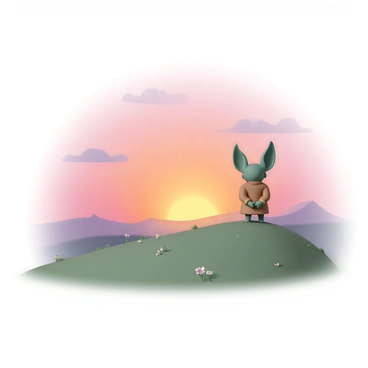 A small, green creature with large ears, wearing a brown robe, is standing on top of a grassy hill. He is facing the horizon where a vibrant sunset is occurring. The sky is filled with shades of orange, pink, and purple as the sun slowly descends. The creature's posture is relaxed, with his hands clasped behind his back. The hill is gently sloping, covered with patches of grass and a few scattered wildflowers. In the background, a distant range of mountains is silhouetted against the colorful sky.
