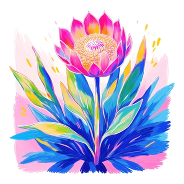 A protea flower stands tall, its vibrant pink and green petals unfurling around a central cluster of tiny blooms. The flower is illuminated by warm sunlight, enhancing its colors and creating a beautiful glow. Delicate shadows are cast on the ground beneath the flower, showcasing the intricate details of its shape. Surrounding the protea, lush green leaves add contrast, completing the natural scene.