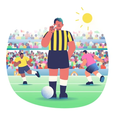 A soccer referee with short black hair is standing in the center of a vibrant soccer field, wearing a black and yellow striped jersey and black shorts. He has a determined expression on his face as he raises his right hand to his lips, blowing a whistle. Around him, players in colorful uniforms are engaged in an intense match, with some running towards the ball in the foreground. The stadium is filled with enthusiastic fans in the background, waving flags and cheering, creating a lively atmosphere. The sun is shining brightly in the sky, casting shadows on the field.