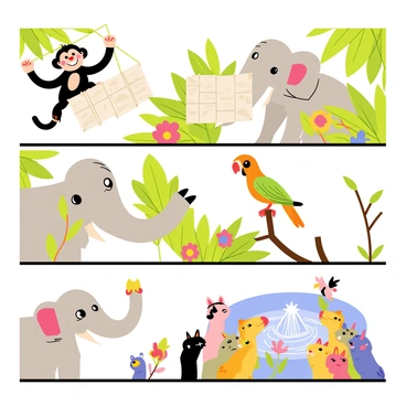 A comic strip divided into four panels, each illustrating a scene from an adventurous journey through the jungle. In the first panel, a cheerful monkey swings from a vine, grinning widely while holding a map. The second panel shows a brave elephant using its trunk to clear a path through dense foliage, with colorful flowers surrounding it. The third panel features a curious parrot perched atop a branch, looking down at a group of animals below. In the final panel, a small group of animals, including the monkey, elephant, and parrot, gather around a sparkling waterhole, excited about their discovery. Each panel is vibrant and filled with playful expressions.