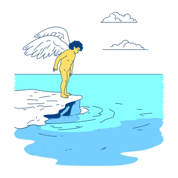 A yellow figure of Icarus stands on a rocky ledge, gazing down at his reflection in the calm blue sea below. The water reflects the bright sunlight, creating gentle ripples around the edges of the reflection. Icarus has large, feathery wings that are spread wide, shimmering in the light, while his expression is one of awe and distraction. The sky above is clear, with a few soft clouds floating lazily, emphasizing the peacefulness of the moment as he remains unaware of the danger that lies ahead.