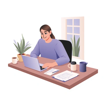 A person sitting at a wooden desk, applying for a personal loan online using a silver laptop. The individual has light skin and short brown hair, wearing a blue sweater. The laptop screen displays a form with financial fields. Beside the laptop, there is a notepad with a pen and a cup of coffee. A potted plant sits in the background, adding greenery to the workspace. There are some documents scattered around the desk, suggesting preparation for the loan application. Natural light streams in from a nearby window, illuminating the scene.