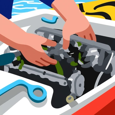 A close-up of a mechanic's hands working on a speed boat's engine. The hands are covered in grease and oil, showing the details of calluses and the wear from work. Tools such as wrenches and screwdrivers are scattered around the engine, which has shiny metallic parts and intricate wiring. The background features blurred outlines of the speed boat's hull and other engine components. Bright sunlight reflects off the metal surfaces, creating a vivid contrast with the dark oil and grease.
