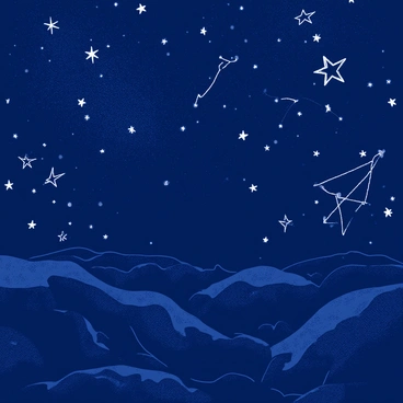 A navy blue night sky is filled with glowing white stars and intricate constellations. The stars twinkle brightly, creating a cosmic pattern across the expansive fabric. Each constellation is expertly outlined with shimmering threads, enhancing their visibility against the deep navy background. The fabric appears textured, resembling soft, woven material, adding depth to the celestial scene.