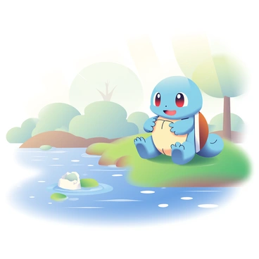 A playful Squirtle is sitting by a peaceful stream, engaging with its surroundings. It is happily holding a rice ball (onigiri) in its small hands, with its eyes wide and a joyful expression on its face. The blue skin of the Squirtle contrasts with the lush green grass underneath it. The stream flows gently beside it, with small ripples creating a serene water surface. Light dapples through the trees nearby, casting a warm glow on the Squirtle and the rice ball. In the background, soft, blurred foliage adds depth to the scene.