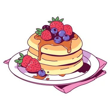 A stack of fluffy pancakes sits on a white plate, each pancake perfectly round and slightly golden. The pancakes are drizzled with warm, glossy syrup that cascades down the sides. Atop the stack, a generous assortment of fresh berries is arranged, including vibrant red strawberries, deep blue blueberries, and plump blackberries, adding a burst of color. The plate is set on a light-colored wooden table, creating a warm, inviting atmosphere.