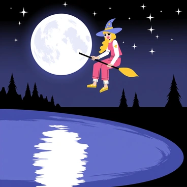 Meg, a cartoon-style character, is depicted sitting on her broomstick high above a calm lake. She has long, flowing hair and wears a classic witch's hat adorned with stars. Below her, the lake reflects the luminous glow of a large, round full moon, casting silver light across the water's surface. The night sky is filled with twinkling stars, creating a magical atmosphere. Silhouetted trees line the edge of the lake, enhancing the serene setting as Meg enjoys the view from her elevated perch.