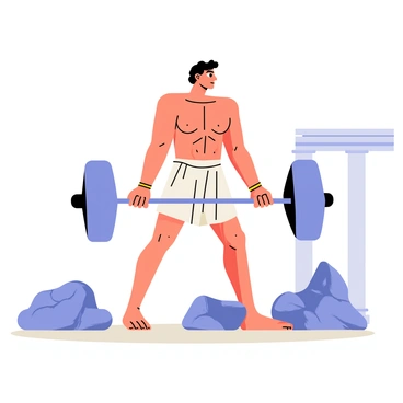 An ancient Greek athlete with a muscular build is practicing deadlifts using large, rugged stone weights. He is wearing a simple white tunic that flows around his legs as he lifts. The athlete has a determined expression on his face, showcasing his focus and strength. The ground beneath him is rocky, and there are several stone weights scattered around. In the background, there are hints of ancient Greek architecture, such as columns and a partial view of a temple, emphasizing the historical setting. The sky is clear and blue, adding to the vibrant atmosphere of the scene.