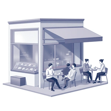 A bakery with a warm and inviting façade, featuring large windows that showcase a variety of baked goods. Several customers are seated at small, round tables on the sidewalk, enjoying their coffee and pastries. Some are engaged in conversation while others are reading or using their devices. The scene includes a display of pastries, such as croissants and muffins, visible on a nearby table. The atmosphere is lively, with people dressed in casual attire.