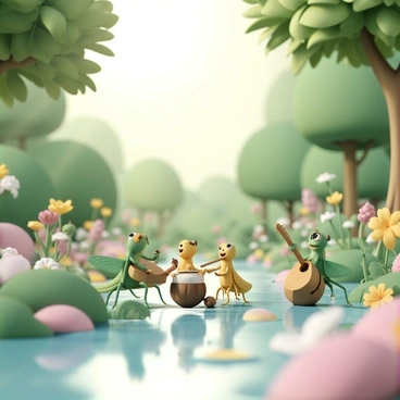 A scene depicting a woodland setting filled with vibrant green trees and lush undergrowth. In the center, several grasshoppers are gathered, each playing a different musical instrument. One grasshopper, with bright green wings, is strumming a small wooden guitar, while another, with a golden hue, is playing a flute made from a twig. Nearby, a third grasshopper, adorned with delicate patterns, beats on a tiny drum made of a hollowed-out acorn. In the background, rays of sunlight filter through the leaves, illuminating the grasshoppers and casting dappled shadows on the ground. The atmosphere is lively, as these grasshoppers engage in their musical performance among colorful wildflowers and a serene stream flowing nearby.