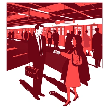 A red bustling train station is filled with people hurrying to their destinations. In one corner, a tall man wearing a black suit stands with a calm demeanor, subtly looking around. He is holding a glossy black briefcase in one hand. A nearby traveler, dressed in a brown coat, leans in slightly, receiving the briefcase with a cautious expression. Bright overhead lights illuminate the station, creating stark shadows that enhance the tension of the discreet exchange. In the background, trains can be seen coming and going, adding to the sense of urgency in the scene.