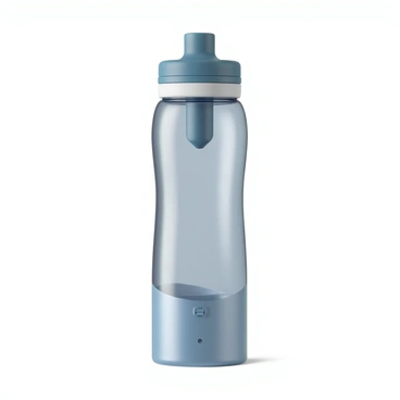 A high-tech water bottle made of transparent, durable plastic with a sleek design. The bottle features a built-in filter visible inside, showcasing its advanced purification technology. It has a digital display on the front that shows real-time information such as water temperature and filter status. The cap is designed for easy opening and features a small spout for convenient drinking. The overall color scheme is a combination of blue and silver, giving it a modern and stylish look.