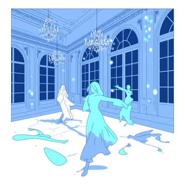 A composition of ethereal spectral figures is gracefully dancing in a lavish grand ballroom. The figures are semi-transparent and emit a soft glow, moving fluidly across the polished floor. Elegant chandeliers hang from the ornate ceiling, casting intricate patterns of light and shadow. Large windows line the walls, allowing beams of silvery moonlight to stream in, illuminating the space and enhancing the enchanting atmosphere. The detailed architecture of the ballroom features grand arches and intricate moldings, adding to the opulence of the setting.
