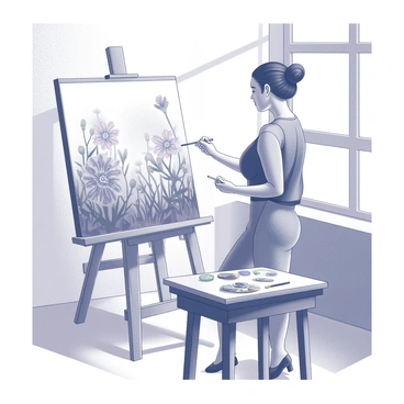 An artist is standing in a sunlit studio, holding a paintbrush in one hand. The large canvas in front of them features a detailed floral landscape, with various flowers depicted in full bloom. The artist's easel is positioned at an angle, allowing for a clear view of the canvas. Sunlight streams through a nearby window, casting soft shadows across the studio floor. The artist's palette, filled with a range of colors, rests on a small table beside them. Brushes of various sizes are scattered across the table, ready for use.