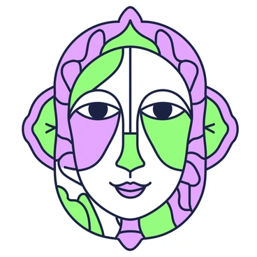 A face is depicted in a stained glass art style with intricate features. The design showcases various shapes and segments that form the contours of the face, including the eyes, nose, and mouth. Each section of the face has a different pattern and texture, enhancing the overall design. Surrounding the face are geometric shapes that contribute to the composition, providing a sense of balance and harmony. The arrangement draws attention to the facial features, highlighting the expression and emotion conveyed through the artwork.