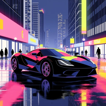 A sleek, shiny black sports car is driving through neon-lit city streets at night. The car reflects vibrant colors from the surrounding neon signs, which feature bright pinks, blues, and greens. Tall skyscrapers tower on either side of the street, their windows sparkling with lights. The ground is wet, reflecting the glow from the neon lights above, enhancing the nightlife atmosphere. A few people can be seen walking along the sidewalk, illuminated by the colorful lights.