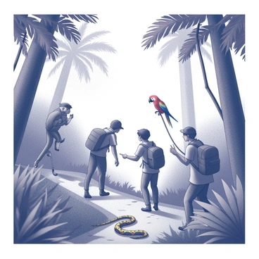 A group of adventurers navigating through a dense jungle. The scene shows multiple individuals moving carefully along a narrow path surrounded by thick foliage. Tall trees with broad leaves obscure the sky above, creating a sense of lushness. Various exotic wildlife is present, such as a vibrant parrot perched on a branch, a curious monkey swinging through the trees, and a brightly patterned snake slithering across the ground. The adventurers are equipped with backpacks and wearing rugged clothing suitable for exploration. One of them is pointing ahead, indicating a direction, while another is observing a unique plant close by.