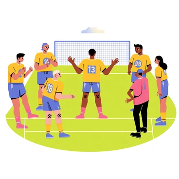 A diverse team of players is huddled together in a tight circle on a grassy field. Each player is wearing a brightly colored jersey, with numbers displayed prominently. Their expressions are focused and determined as they lean in toward the center of the circle. One player, positioned at the front, is animatedly gesturing with their hands, conveying a strategy. The others are nodding and looking attentively at him. A clear blue sky can be seen above, and the lines of a sports field are visible in the background, indicating the competitive atmosphere before the game starts.