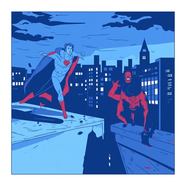 A dynamic city rooftop scene with a superhero and a villain in mid-battle